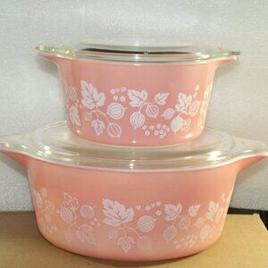 Vintage Pyrex 4 Piece Pink Gooseberry Casserole Dish Set (473, 475) with Lids